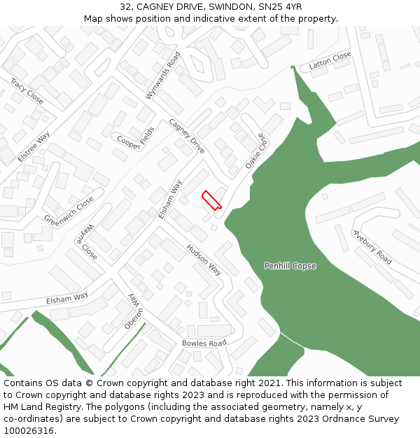 32, CAGNEY DRIVE, SWINDON, SN25 4YR: Location map and indicative extent of plot