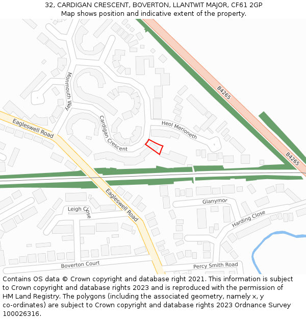 32, CARDIGAN CRESCENT, BOVERTON, LLANTWIT MAJOR, CF61 2GP: Location map and indicative extent of plot