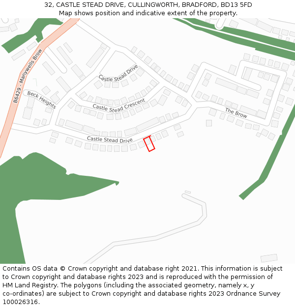 32, CASTLE STEAD DRIVE, CULLINGWORTH, BRADFORD, BD13 5FD: Location map and indicative extent of plot