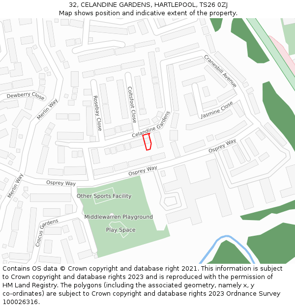 32, CELANDINE GARDENS, HARTLEPOOL, TS26 0ZJ: Location map and indicative extent of plot