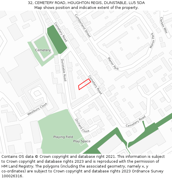 32, CEMETERY ROAD, HOUGHTON REGIS, DUNSTABLE, LU5 5DA: Location map and indicative extent of plot