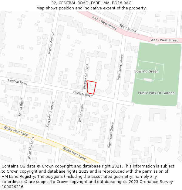 32, CENTRAL ROAD, FAREHAM, PO16 9AG: Location map and indicative extent of plot