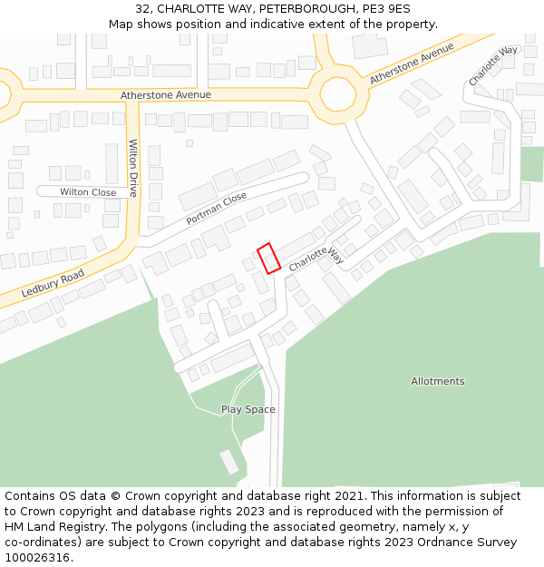 32, CHARLOTTE WAY, PETERBOROUGH, PE3 9ES: Location map and indicative extent of plot