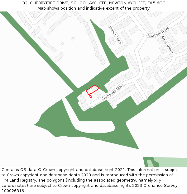 32, CHERRYTREE DRIVE, SCHOOL AYCLIFFE, NEWTON AYCLIFFE, DL5 6GG: Location map and indicative extent of plot