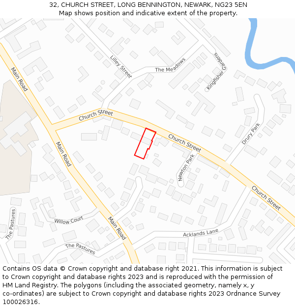 32, CHURCH STREET, LONG BENNINGTON, NEWARK, NG23 5EN: Location map and indicative extent of plot