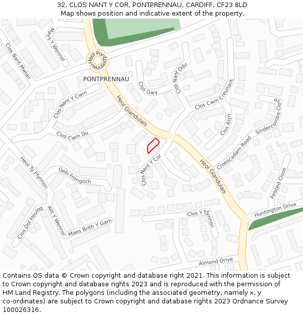 32, CLOS NANT Y COR, PONTPRENNAU, CARDIFF, CF23 8LD: Location map and indicative extent of plot