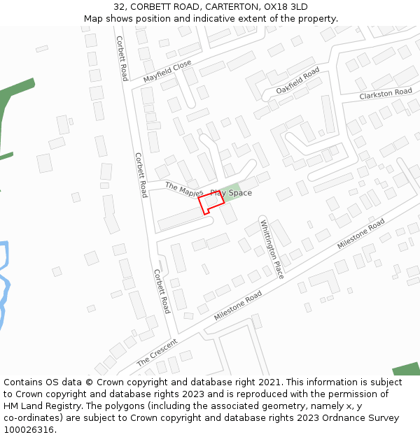 32, CORBETT ROAD, CARTERTON, OX18 3LD: Location map and indicative extent of plot