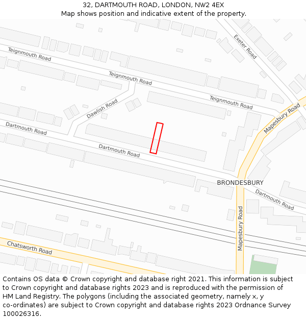 32, DARTMOUTH ROAD, LONDON, NW2 4EX: Location map and indicative extent of plot