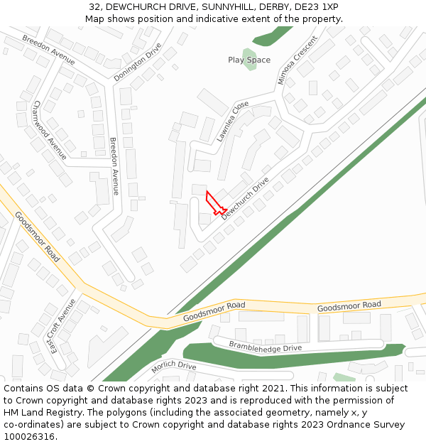 32, DEWCHURCH DRIVE, SUNNYHILL, DERBY, DE23 1XP: Location map and indicative extent of plot