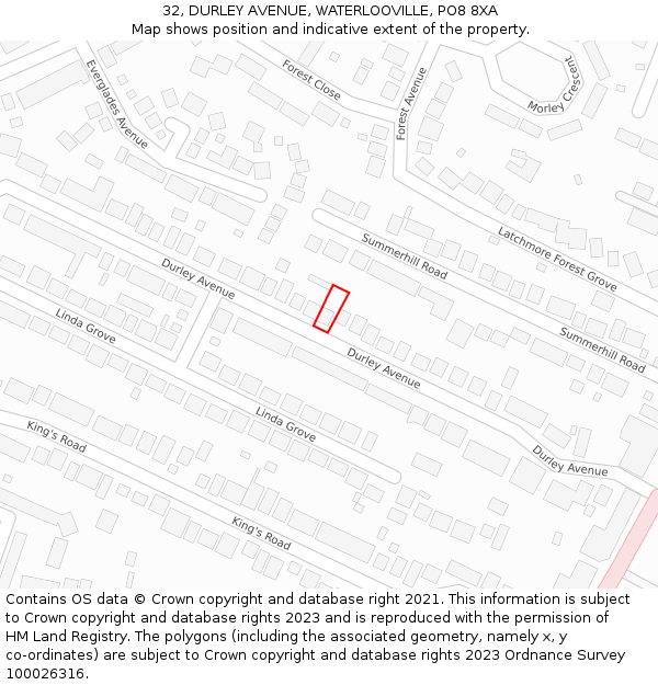 32, DURLEY AVENUE, WATERLOOVILLE, PO8 8XA: Location map and indicative extent of plot