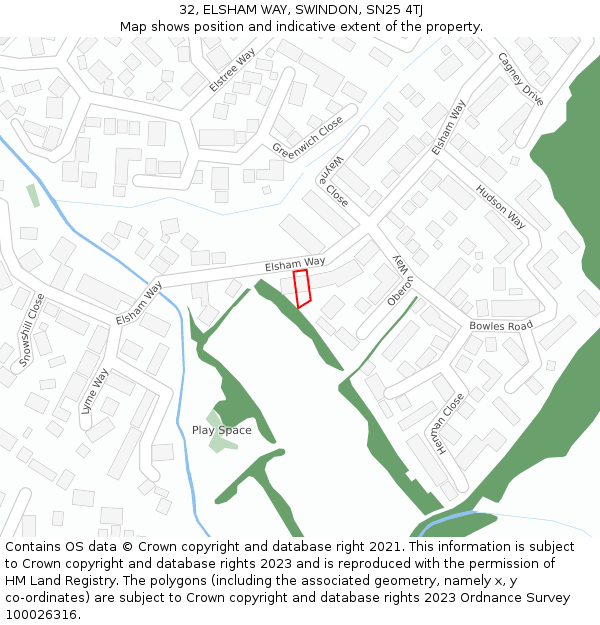 32, ELSHAM WAY, SWINDON, SN25 4TJ: Location map and indicative extent of plot