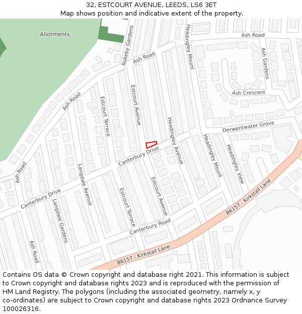 32, ESTCOURT AVENUE, LEEDS, LS6 3ET: Location map and indicative extent of plot