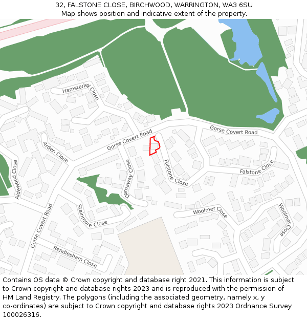 32, FALSTONE CLOSE, BIRCHWOOD, WARRINGTON, WA3 6SU: Location map and indicative extent of plot