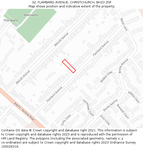 32, FLAMBARD AVENUE, CHRISTCHURCH, BH23 2NF: Location map and indicative extent of plot