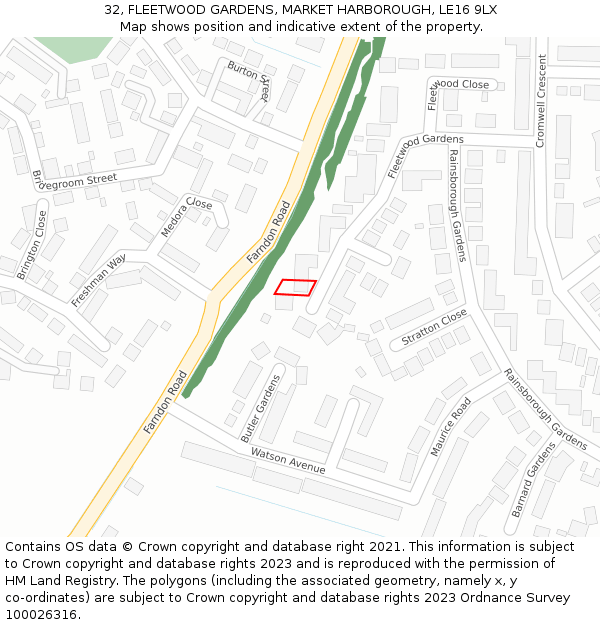 32, FLEETWOOD GARDENS, MARKET HARBOROUGH, LE16 9LX: Location map and indicative extent of plot