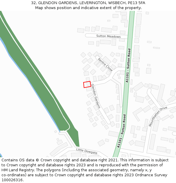 32, GLENDON GARDENS, LEVERINGTON, WISBECH, PE13 5FA: Location map and indicative extent of plot