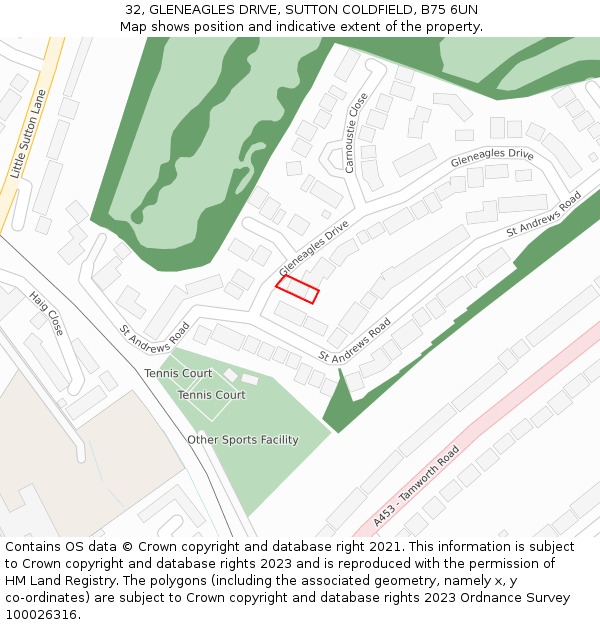 32, GLENEAGLES DRIVE, SUTTON COLDFIELD, B75 6UN: Location map and indicative extent of plot