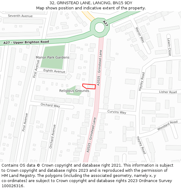 32, GRINSTEAD LANE, LANCING, BN15 9DY: Location map and indicative extent of plot