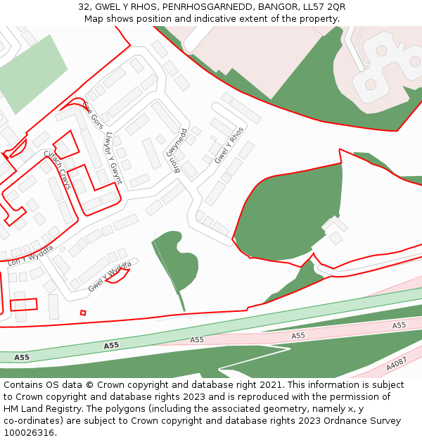 32, GWEL Y RHOS, PENRHOSGARNEDD, BANGOR, LL57 2QR: Location map and indicative extent of plot
