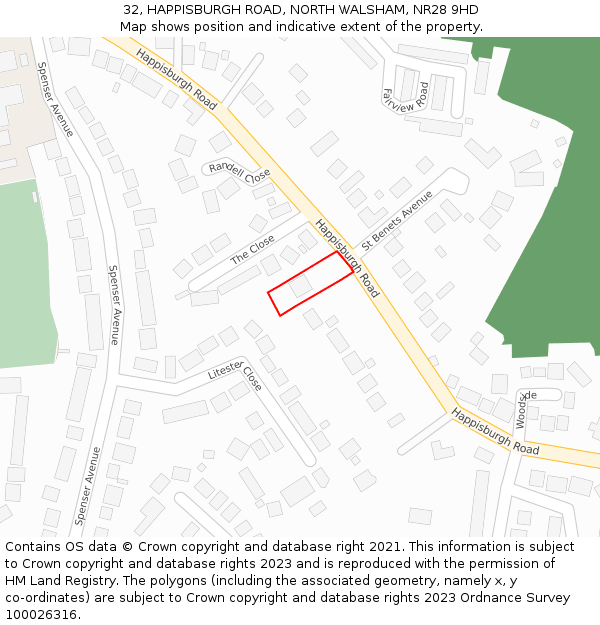 32, HAPPISBURGH ROAD, NORTH WALSHAM, NR28 9HD: Location map and indicative extent of plot