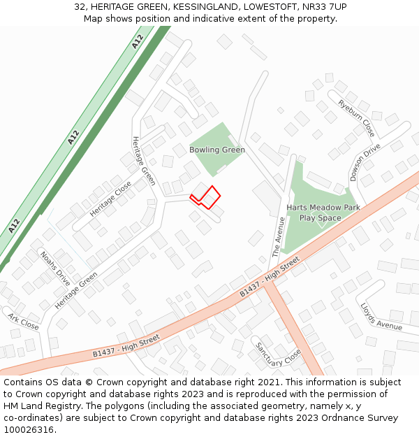 32, HERITAGE GREEN, KESSINGLAND, LOWESTOFT, NR33 7UP: Location map and indicative extent of plot