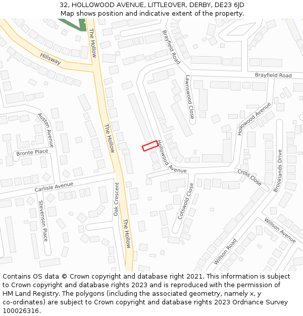 32, HOLLOWOOD AVENUE, LITTLEOVER, DERBY, DE23 6JD: Location map and indicative extent of plot