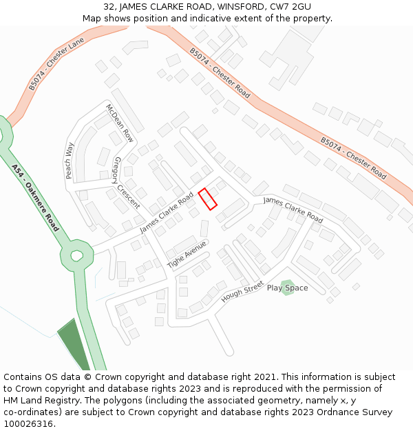 32, JAMES CLARKE ROAD, WINSFORD, CW7 2GU: Location map and indicative extent of plot