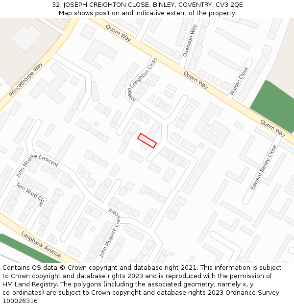 32, JOSEPH CREIGHTON CLOSE, BINLEY, COVENTRY, CV3 2QE: Location map and indicative extent of plot