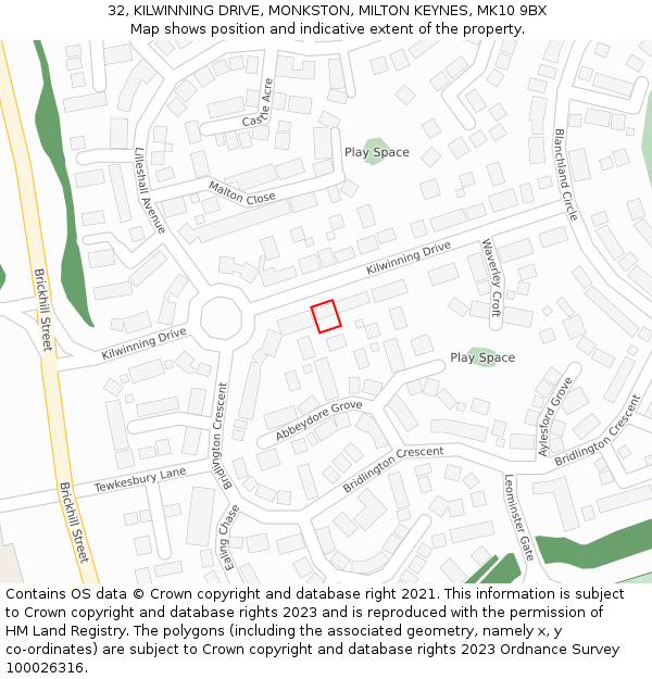 32, KILWINNING DRIVE, MONKSTON, MILTON KEYNES, MK10 9BX: Location map and indicative extent of plot