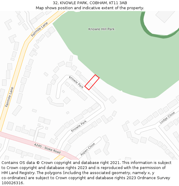 32, KNOWLE PARK, COBHAM, KT11 3AB: Location map and indicative extent of plot