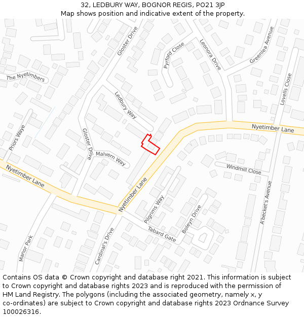 32, LEDBURY WAY, BOGNOR REGIS, PO21 3JP: Location map and indicative extent of plot