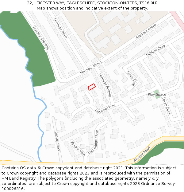 32, LEICESTER WAY, EAGLESCLIFFE, STOCKTON-ON-TEES, TS16 0LP: Location map and indicative extent of plot