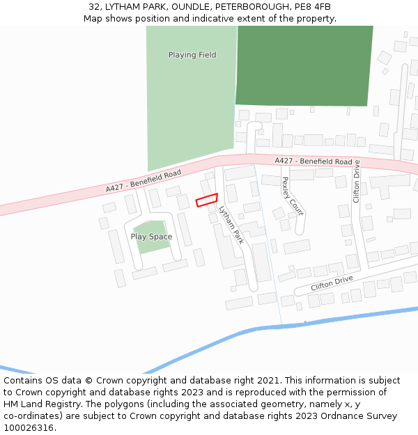 32, LYTHAM PARK, OUNDLE, PETERBOROUGH, PE8 4FB: Location map and indicative extent of plot