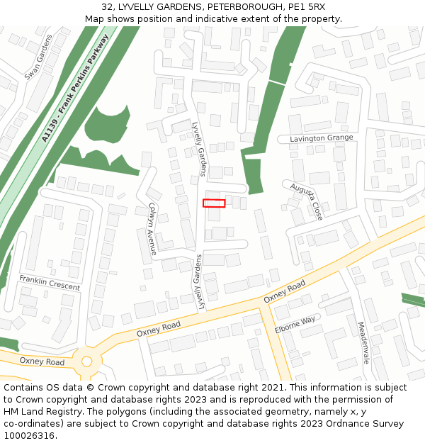 32, LYVELLY GARDENS, PETERBOROUGH, PE1 5RX: Location map and indicative extent of plot