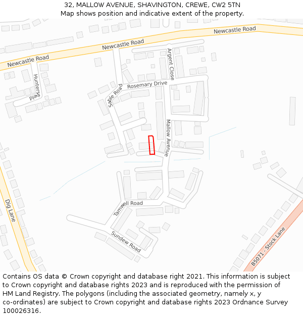 32, MALLOW AVENUE, SHAVINGTON, CREWE, CW2 5TN: Location map and indicative extent of plot