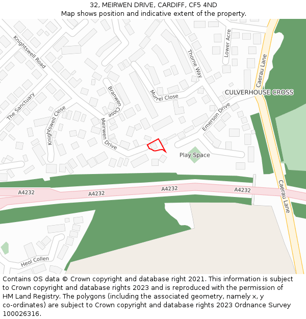 32, MEIRWEN DRIVE, CARDIFF, CF5 4ND: Location map and indicative extent of plot