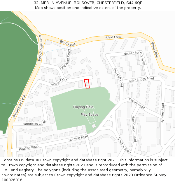 32, MERLIN AVENUE, BOLSOVER, CHESTERFIELD, S44 6QF: Location map and indicative extent of plot