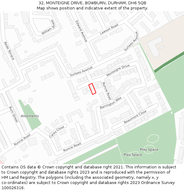 32, MONTEIGNE DRIVE, BOWBURN, DURHAM, DH6 5QB: Location map and indicative extent of plot