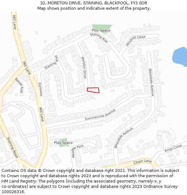 32, MORETON DRIVE, STAINING, BLACKPOOL, FY3 0DR: Location map and indicative extent of plot