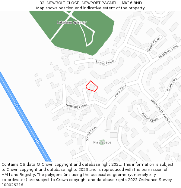 32, NEWBOLT CLOSE, NEWPORT PAGNELL, MK16 8ND: Location map and indicative extent of plot