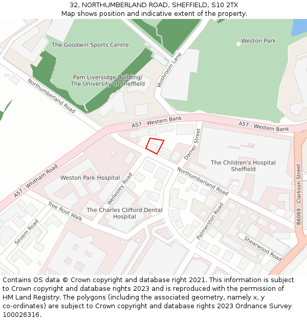 32, NORTHUMBERLAND ROAD, SHEFFIELD, S10 2TX: Location map and indicative extent of plot