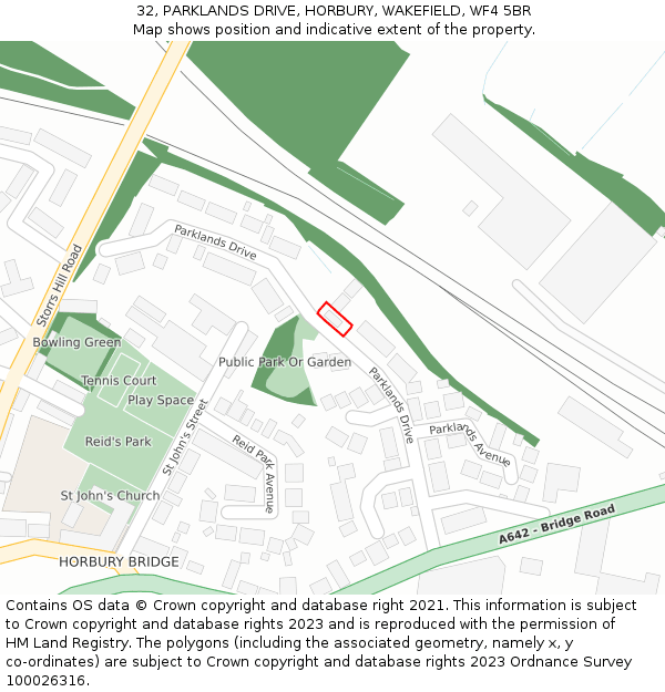 32, PARKLANDS DRIVE, HORBURY, WAKEFIELD, WF4 5BR: Location map and indicative extent of plot