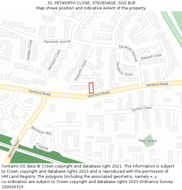 32, PETWORTH CLOSE, STEVENAGE, SG2 8UP: Location map and indicative extent of plot