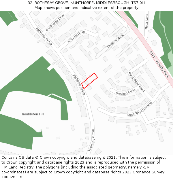 32, ROTHESAY GROVE, NUNTHORPE, MIDDLESBROUGH, TS7 0LL: Location map and indicative extent of plot