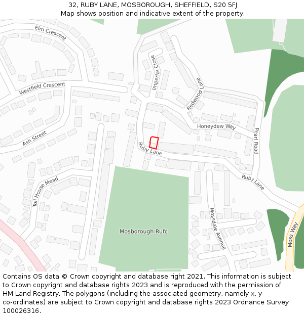 32, RUBY LANE, MOSBOROUGH, SHEFFIELD, S20 5FJ: Location map and indicative extent of plot