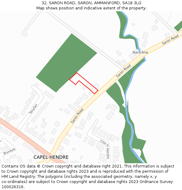 32, SARON ROAD, SARON, AMMANFORD, SA18 3LG: Location map and indicative extent of plot