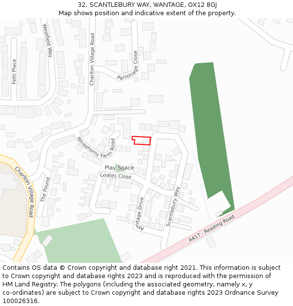 32, SCANTLEBURY WAY, WANTAGE, OX12 8GJ: Location map and indicative extent of plot