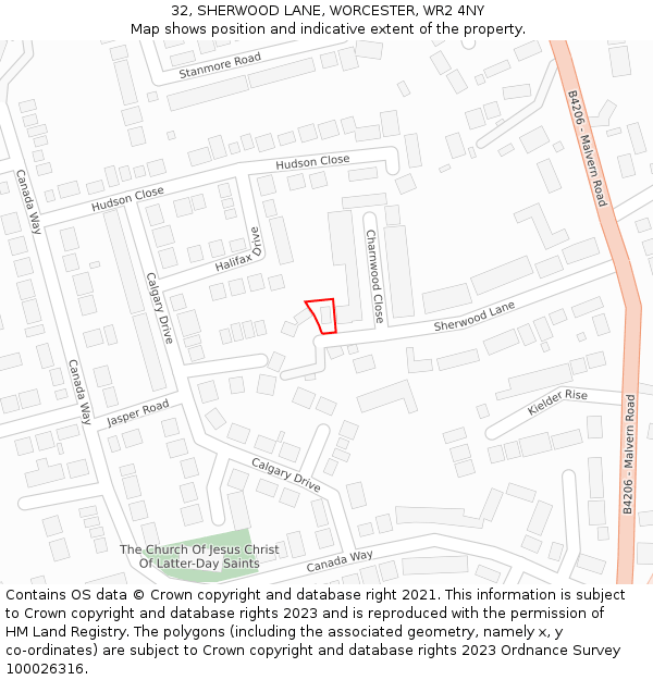 32, SHERWOOD LANE, WORCESTER, WR2 4NY: Location map and indicative extent of plot