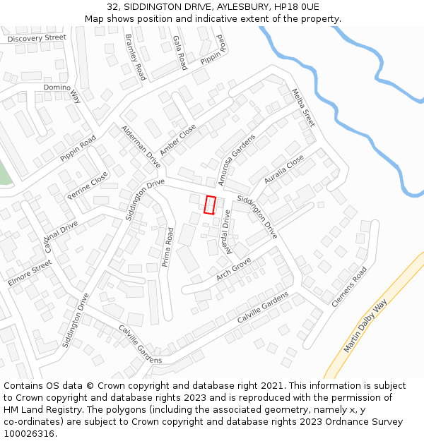 32, SIDDINGTON DRIVE, AYLESBURY, HP18 0UE: Location map and indicative extent of plot