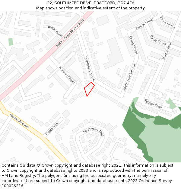 32, SOUTHMERE DRIVE, BRADFORD, BD7 4EA: Location map and indicative extent of plot